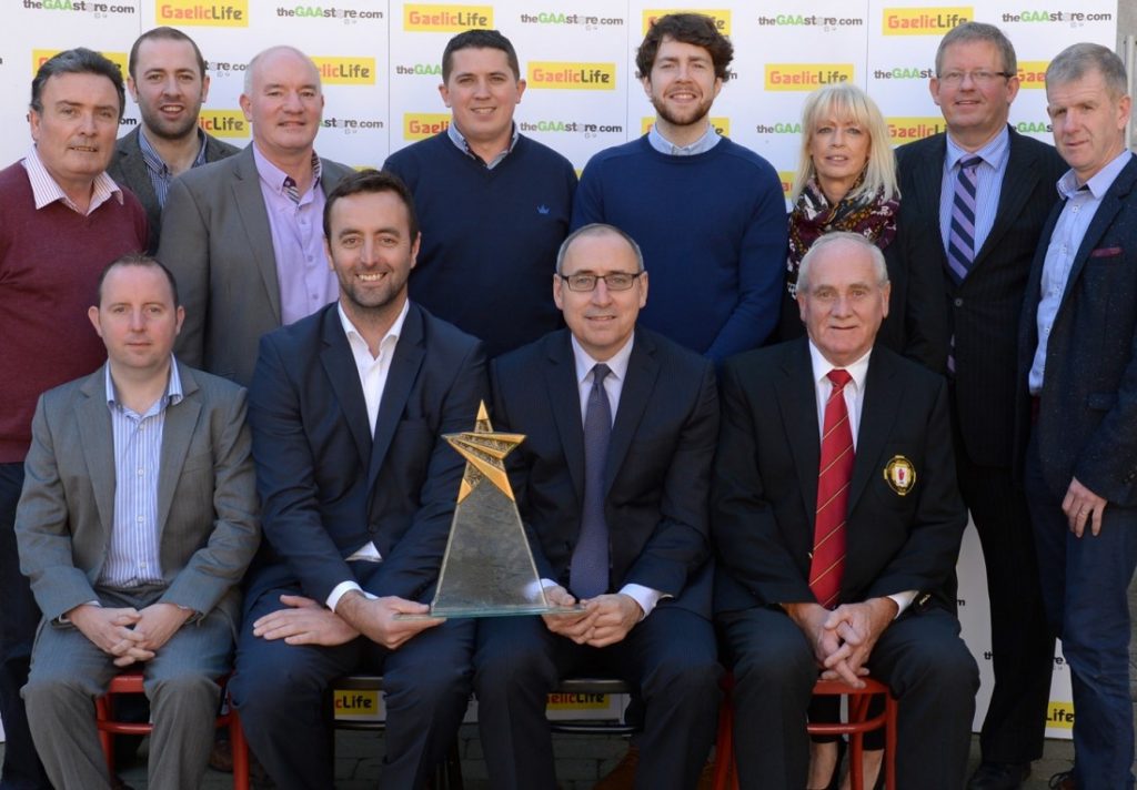 Launching the 2016 Gaelic Life Ulster Club All Stars are (standing from left): Gerry Doherty, Secretary, Ulster Ladies Gaelic, Niall McCoy, Reporter, Gaelic Life, Colm MacRory, The Crosshill Gallery, Ciaran Murphy, Murphy’s Gloves, Connor McGirr, Sally’s of Omagh, Rosemary Hughes-Merry, Secretary, Ulster Camogie, Ian Clarke, Sales and Marketing Director, Gaelic Life and North-West News Group and Neil Early, Eccelsville Printing Services. Front row (from left): Declan Devlin, International Association of Mind Coaches Northern Branch, Padraic McKeever, Managing Director, theGAAstore.com, Terry MCCrudden, Bank of Ireland and Oliver Galligan, Vice Chair Person, Ulster GAA.