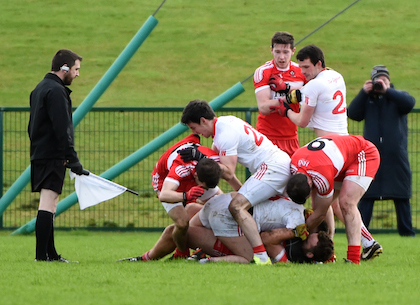 There were a few yellow cards dished out after this handbag affair, during the Tyrone and Derry McKenna Cup fixture at Owenbeg. MC 11