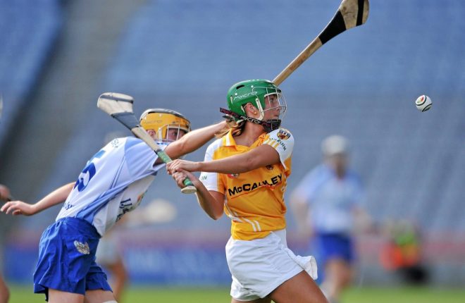 12 September 2010; Rhona Torney, Antrim, in action against Nicola Morrissey, Waterford. Gala All-Ireland Junior Camogie Championship Final, Antrim v Waterford, Croke Park, Dublin. Picture credit: David Maher / SPORTSFILE