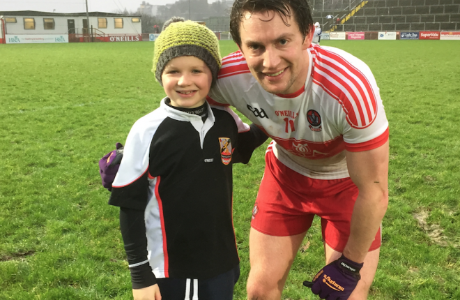 IDOLS...Joe Brolly Jnr with James Kielt after the Derry-Fermanagh game