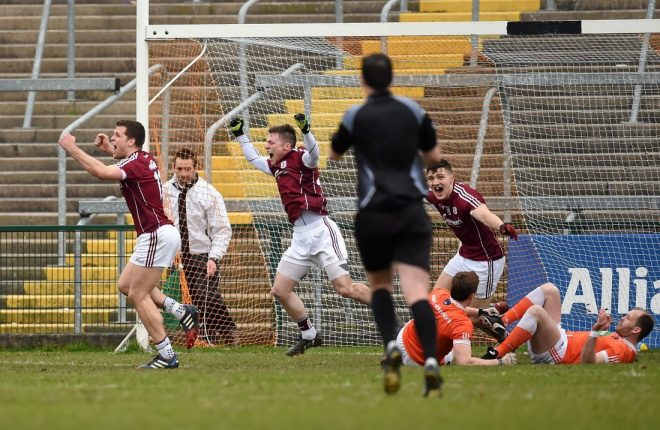 Galway's Danny Cummins celebrates scoring a late equaliser against Armagh