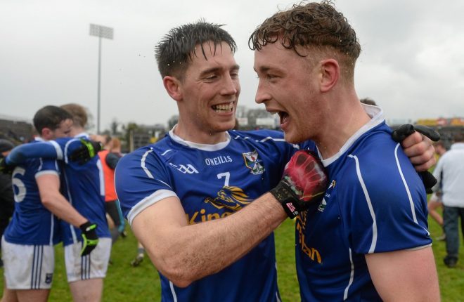 Killian Brady and Ciaran Brady celebrate after beating Galway yesterday