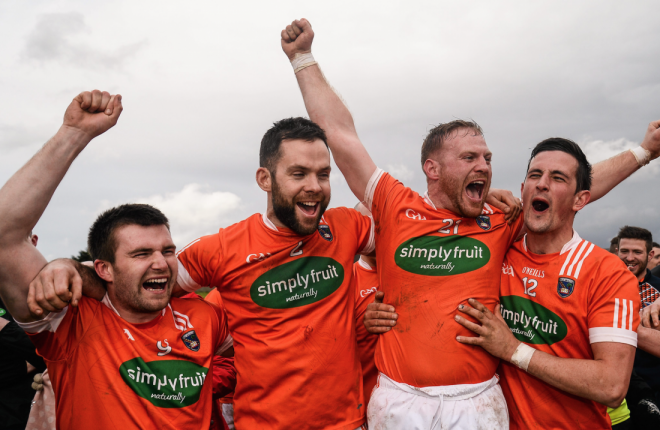 UP WE GO....John Corvan, Ciarán Clifford, Nathan Curry and David Cavill celebrate after the win