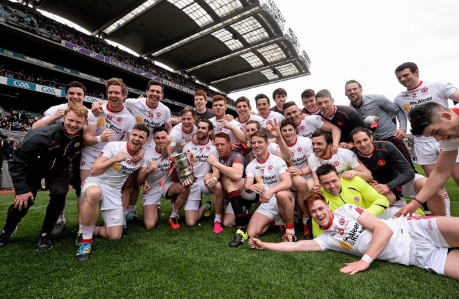 The Tyrone panel celebrate following their 1-17 to 0-15 win over Cavan