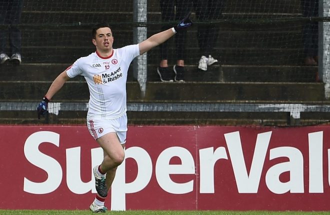 Ronan O'Neill celebrates scoring Tyrone's first goal yesterday