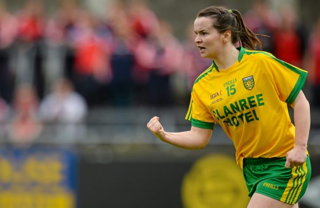 9 May 2015; Geraldine McLaughlin, Donegal, celebrates after scoring her sides second goal. TESCO HomeGrown Ladies National Football League, Division 2 Final, Armagh v Donegal. Parnell Park, Dublin. Picture credit: Piaras Ó Mídheach / SPORTSFILE