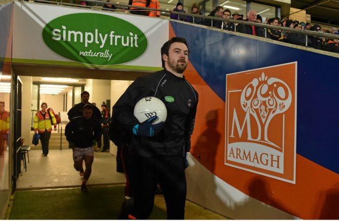 6 February 2016; Aidan Forker. Armagh leading the team out. Allianz Football League, Division 2, Round 2, Armagh v Laois. Athletic Grounds, Armagh. Picture credit: Oliver McVeigh / SPORTSFILE