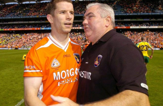 11 July 2004; Paul McGrane, Armagh, and his manager Joe Kernan pictured after victory over Donegal. Bank of Ireland Ulster Senior Football Championship Final, Armagh v Donegal, Croke Park, Dublin. Picture credit; Matt Browne / SPORTSFILE