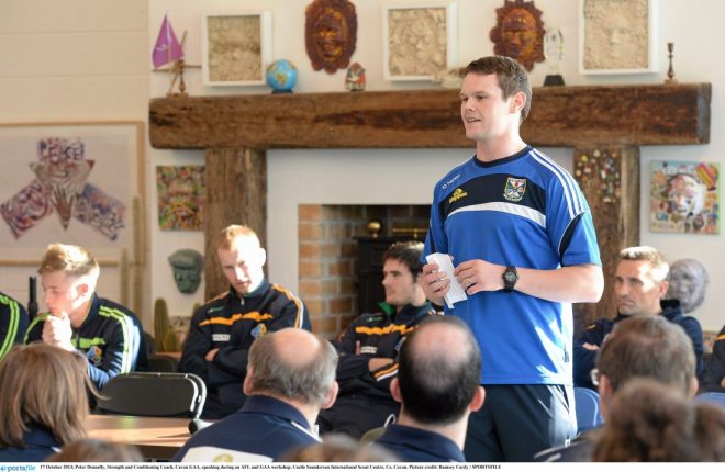 17 October 2013; Peter Donnelly, Strength and Conditioning Coach, Cavan GAA, speaking during an AFL and GAA workshop. Castle Saunderson International Scout Centre, Co. Cavan. Picture credit: Ramsey Cardy / SPORTSFILE
