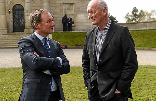 9 May 2016; In attendance at the launch of the 2016 Leinster GAA Senior Championships is Dublin football manager Jim Gavin, left, in conversation with Kilkenny hurling manager Brian Cody. Pearse Museum, Rathfarnham, Dublin. Picture credit: Ramsey Cardy / SPORTSFILE