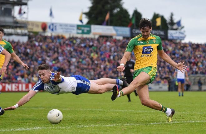 Odhrán Mac Niallais of Donegal shoots to score his side's first goal of the game during the Ulster GAA Football Senior Championship Semi-Final game between Donegal and Monaghan at Kingspan Breffni Park in Cavan. Photo by Ramsey Cardy/Sportsfile