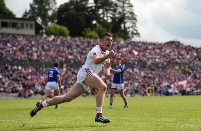 Connor McAliskey celebrates Tyrone's goal