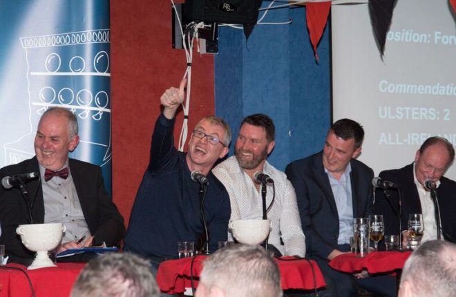 HI FROM HILLTOWN…Joe Brolly impersonates Ross Carr’s enthusiastic waves to the crowd during the 1991 All-Ireland final pre-match parade