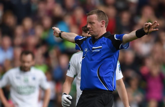 Referee Joe McQuillan awards a penalty to Mayo during the GAA Football All-Ireland Senior Championship Round 2A match between Mayo and Fermanagh at Elvery's MacHale Park in Castlebar, Co. Mayo. Photo by Ramsey Cardy/Sportsfile