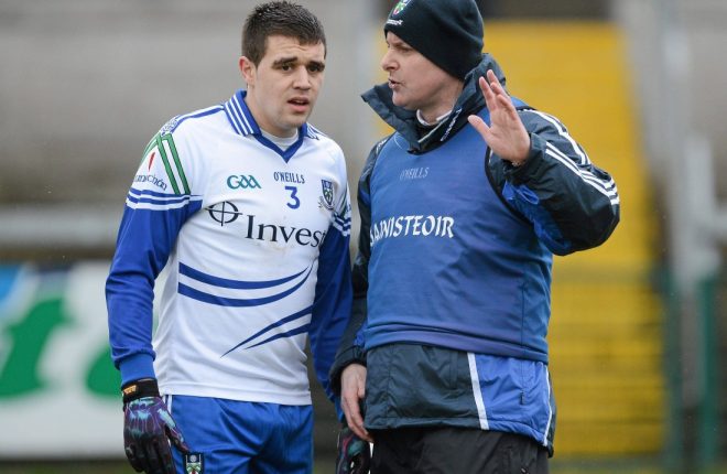 20 January 2013; Malachy O'Rourke, Monaghan, manager, right, giving instructions to Drew Wylie before the game. Power NI Dr. McKenna Cup, Semi-Final, Monaghan v Down, Athletic Grounds, Armagh. Picture credit: Oliver McVeigh / SPORTSFILE