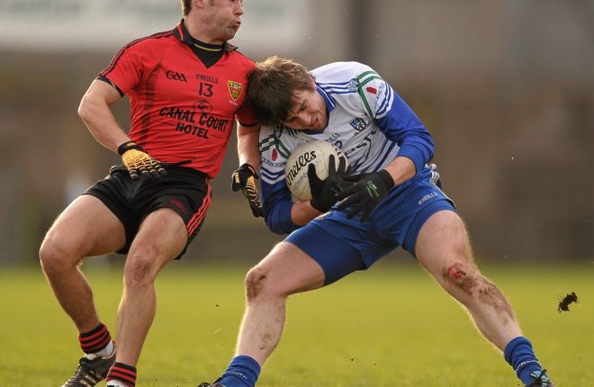 15 January 2012; Shane Smyth, Monaghan, in action against Marcus Miskelly, Down. Power NI Dr. McKenna Cup, Section B, Monaghan v Down, St Tiernach's Park, Clones, Co. Monaghan. Picture credit: Paul Mohan / SPORTSFILE