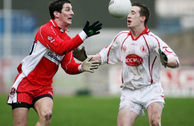 14 January 2007; Paul O'Hea, Derry, in action against Colm Cavanagh, Tyrone. McKenna Cup, Section B, 2nd Round, Tyrone v Derry, Healy Park, Omagh, Co Tyrone. Picture credit: Oliver McVeigh / SPORTSFILE