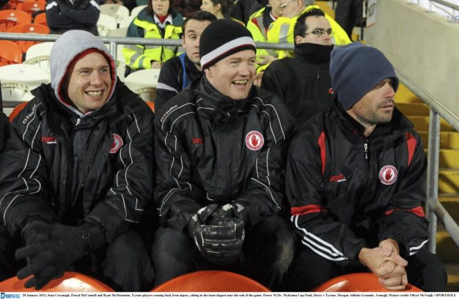 28 January 2012; Sean Cavanagh, Pascal McConnell and Ryan McMenamin, Tyrone players coming back from injury, sitting in the team dugout near the end of the game. Power NI Dr. McKenna Cup Final, Derry v Tyrone, Morgan Athletic Grounds, Armagh. Picture credit: Oliver McVeigh / SPORTSFILE