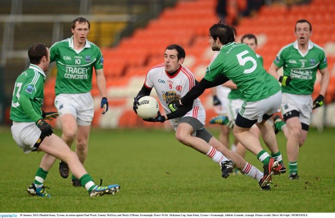 20 January 2013; Plunkett Kane, Tyrone, in action against Paul Ward, Tommy McElroy and Marty O'Brien, Fermanagh. Power NI Dr. McKenna Cup, Semi-Final, Tyrone v Fermanagh, Athletic Grounds, Armagh. Picture credit: Oliver McVeigh / SPORTSFILE