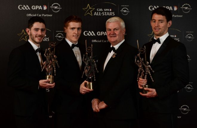 The three Allstar winners, with GAA President Aogan O Farrell. from left, Doengal's Ryan McHugh, Tyrone's Peter Harte, Aogan O Farrell and Tyrone's Mattie Donnelly