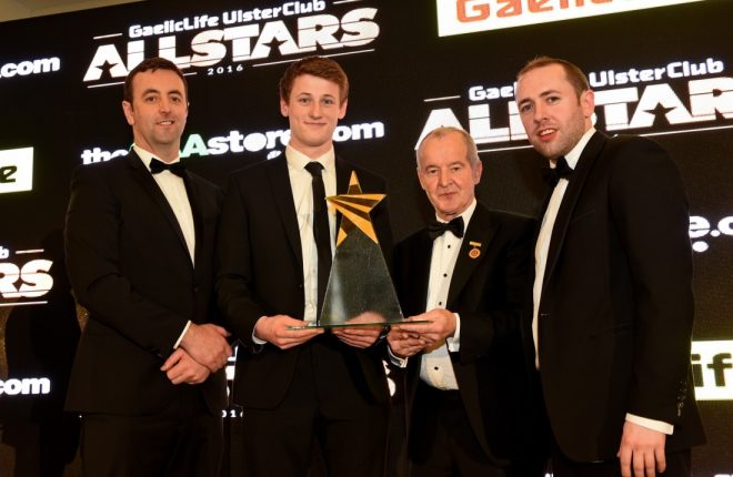 Brendan Rogers (second from left) receives his Allstar award from Padraic McKeever (GAA Store),Michael Hasson (Ulster Council), and Niall McCoy (Gaelic Life)