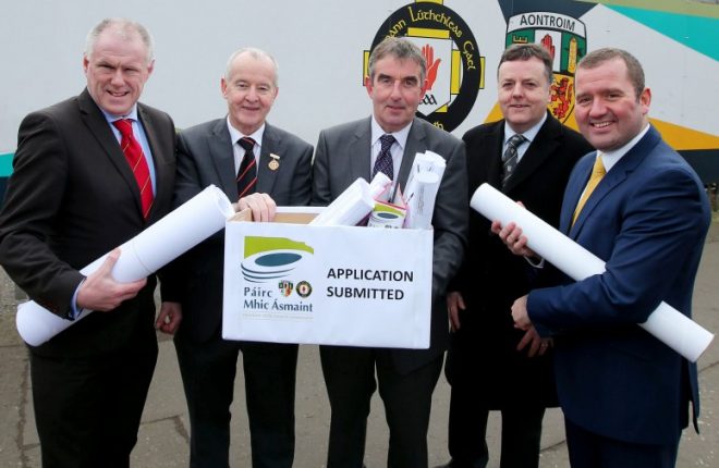 Pictured with Ulster GAA’s planning application for a new stadium at Casement Park is Brian McAvoy, Chief Executive Ulster GAA, Michael Hasson, President Ulster GAA, Tom Daly, Chairman of the Casement Park Project Board, Collie Donnelly, Chairman Antrim County Board and Stephen McGeehan, Project Sponsor