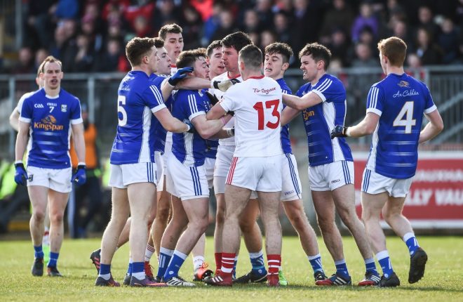 Cavan and Tyrone players tussle during yesterday's NFL Division one clash